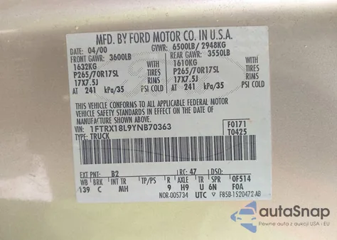 2000 Ford F-150 Lariat/Work Series/Xl/Xlt z USA, uszkodzony, nr VIN 1FTRX18L9YNB70363